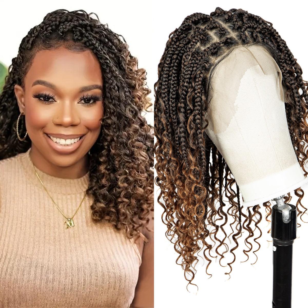 Short HD Full Lace Knotless Boho Box Braided Wig With Human Hair Ombre Brown